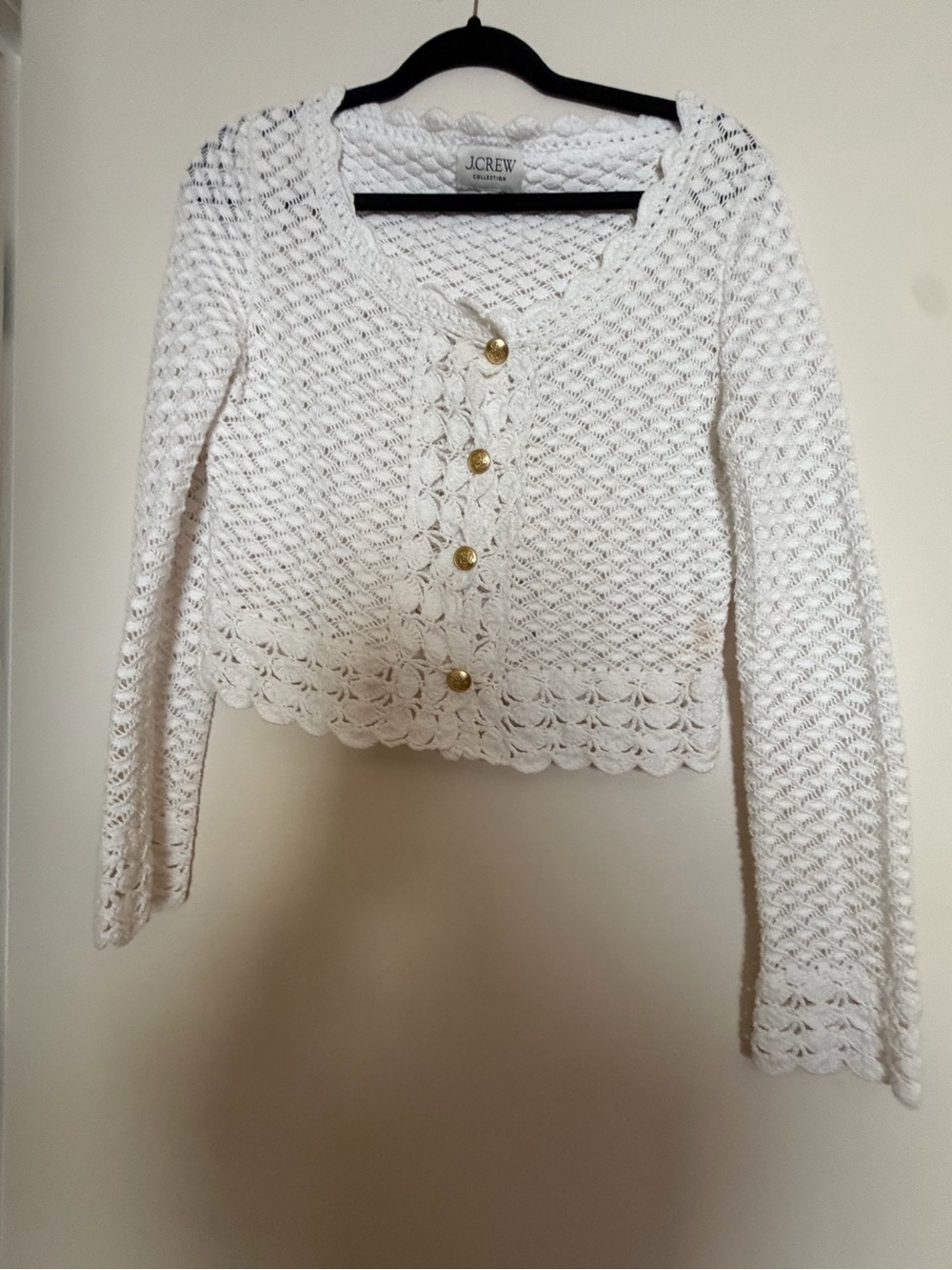 J. Crew Cream Crochet Button-Front Cardigan with Gold Buttons